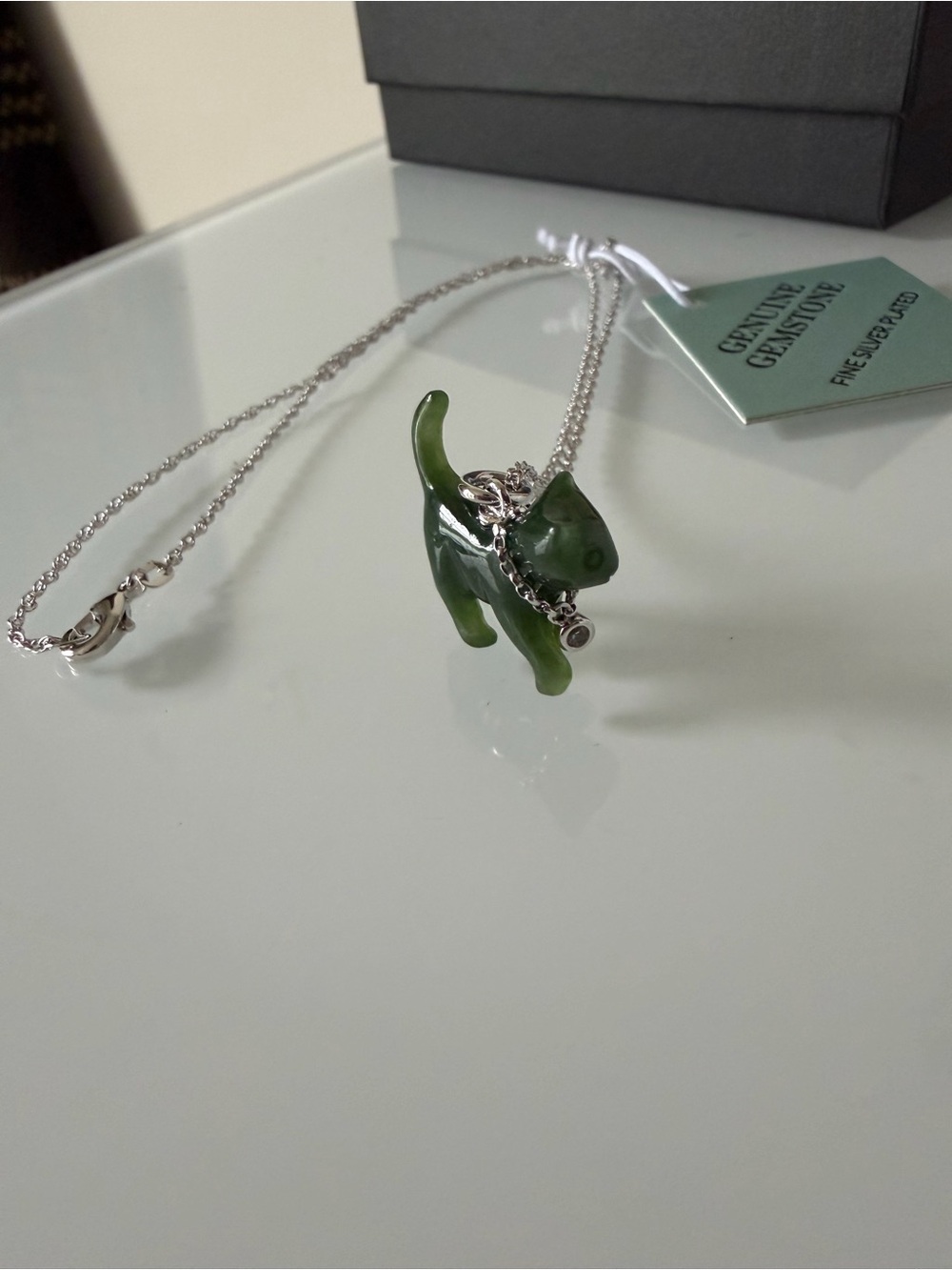 Jade Cat with collar Pendant charm silver Necklace
